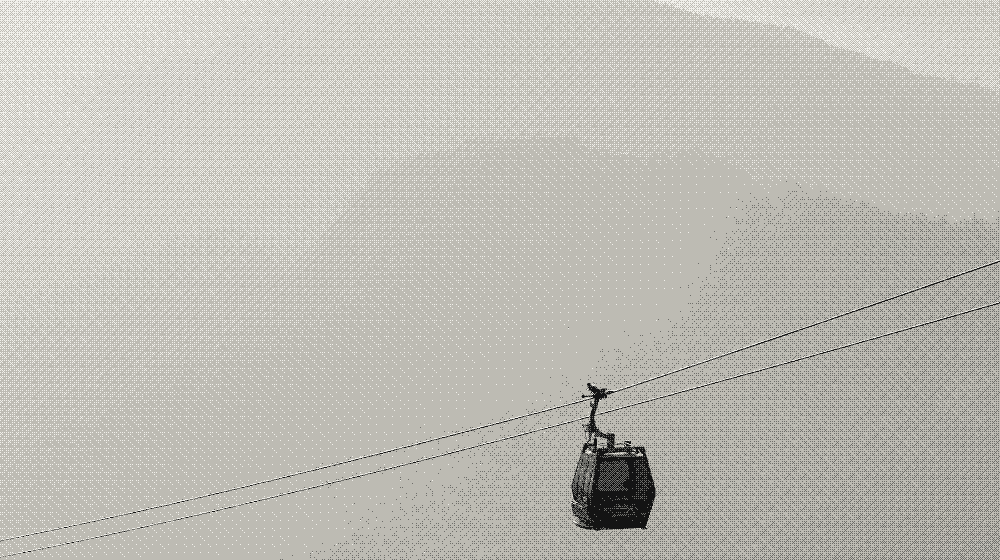 A cable car in haze below the Zugspitze, printed as a dither
